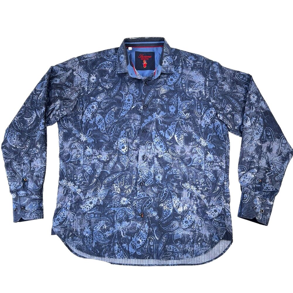 Luchiano Visconti Shirt Men L Button Up Long Sleeve Cotton Blue on Blue Paisley
